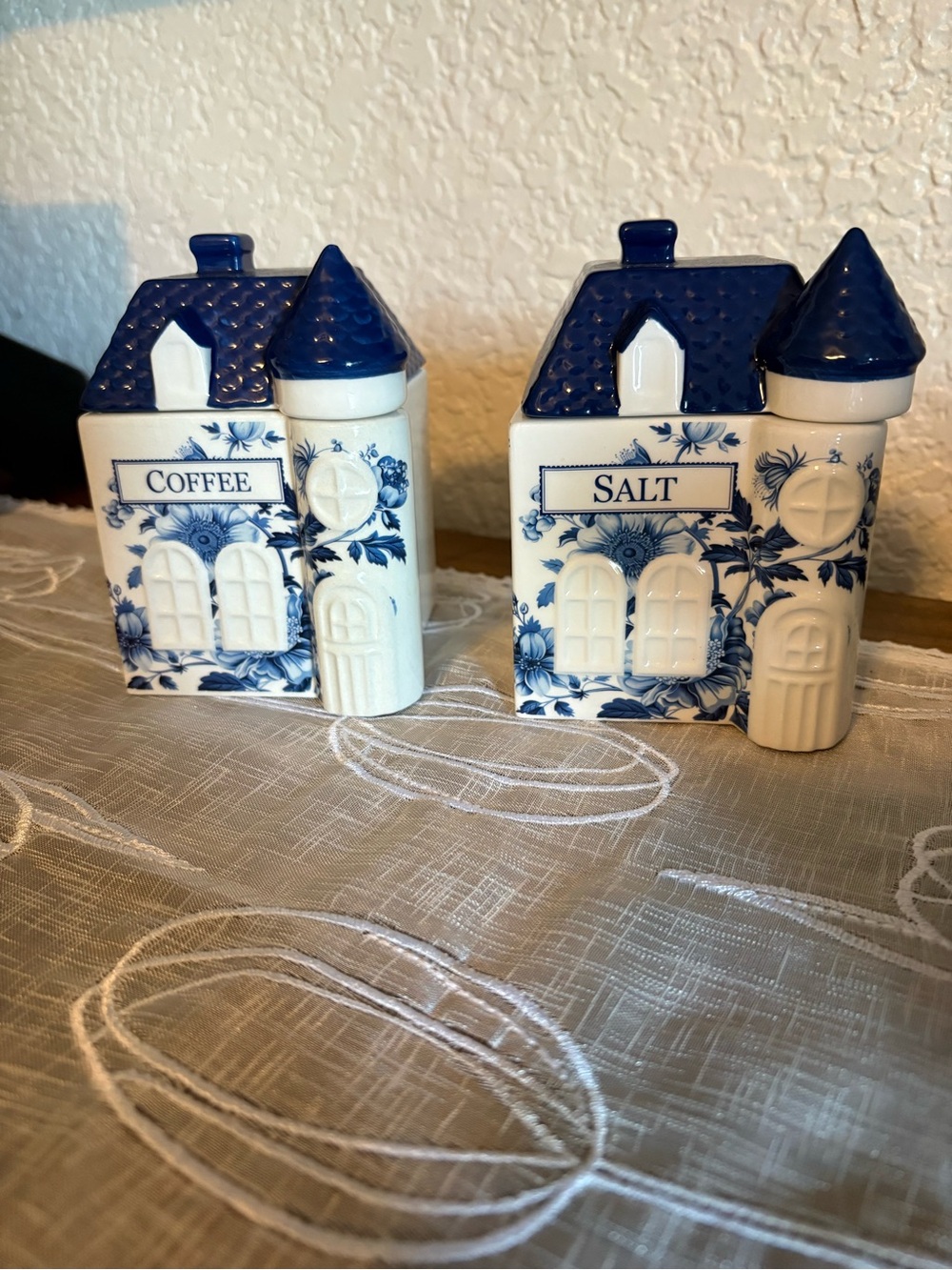 Viral Blue & White Ceramic House Salt and Coffee Canisters